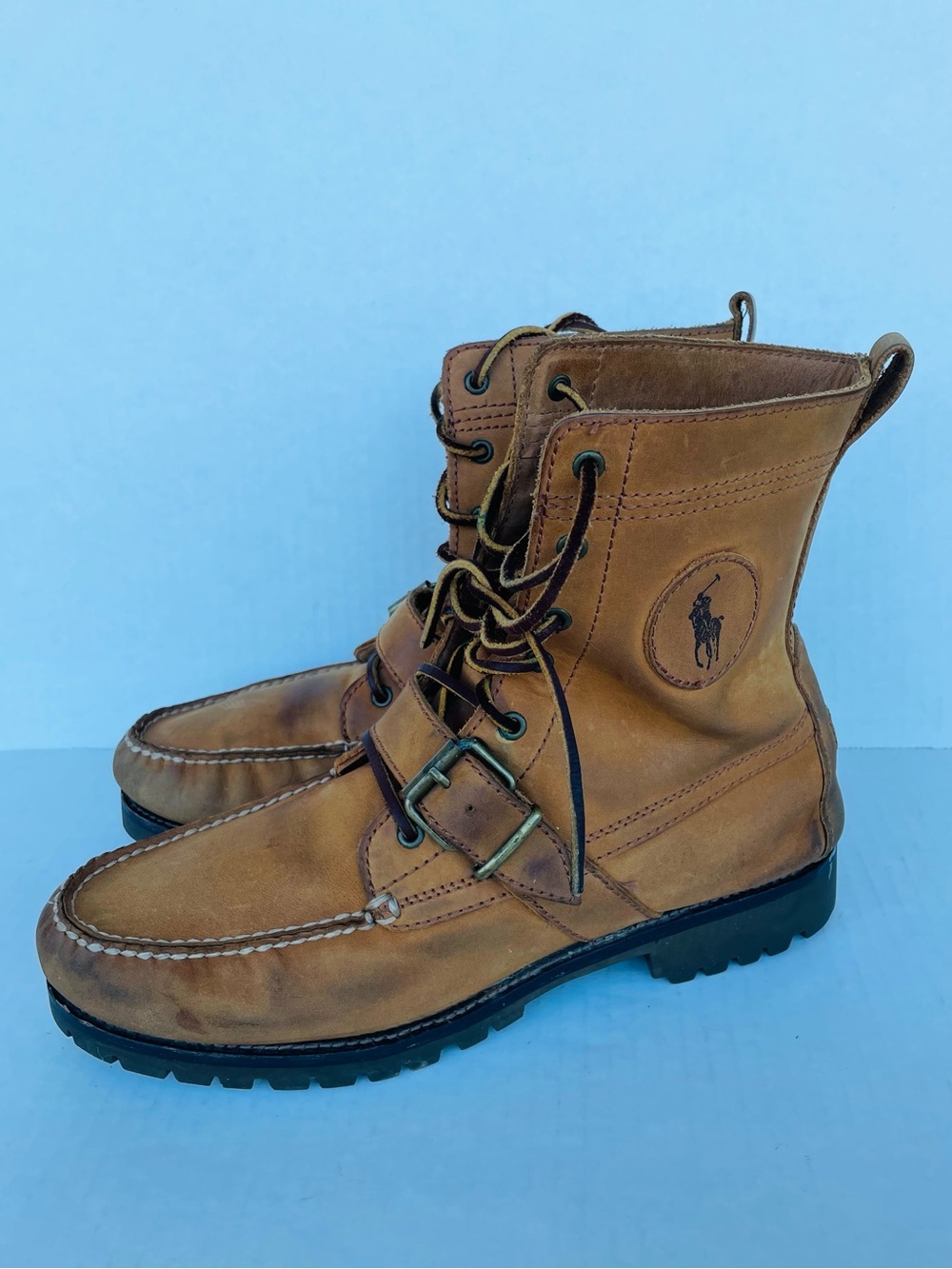 Polo Ralph Lauren Men’s Brown Leather Ankle Lace Up Boots Square Toe 10D